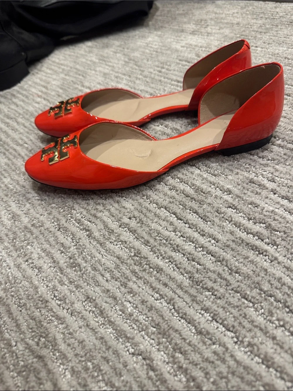 Tory Burch Orange Patent D’Orsay Flats Gold Double T Logo 9.5 New